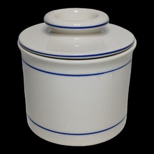 Norpro Stoneware Butter Keeper Crock French Bell Dish White with Blue Stripe